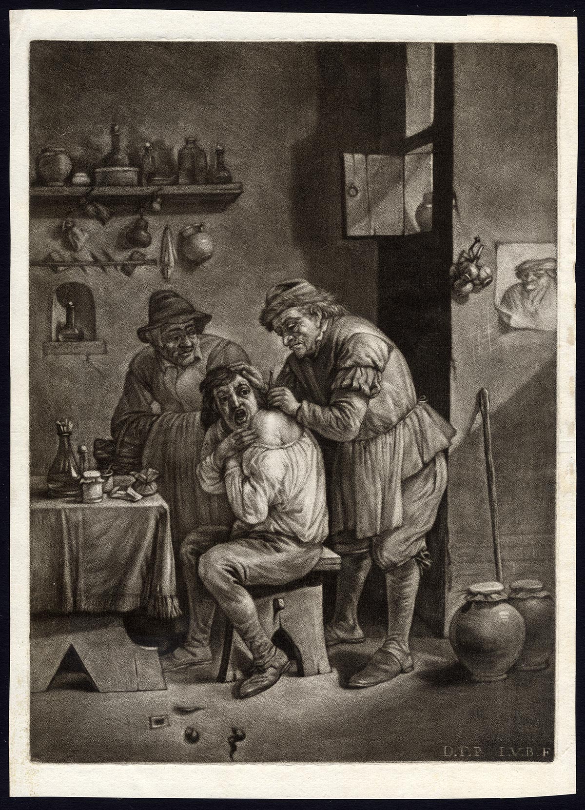 , Antique Master Print-DOCTOR-PHYSICIAN-SHOULDER-Van der Bruggen-Teniers-ca. 1675, Pictura Antique Prints