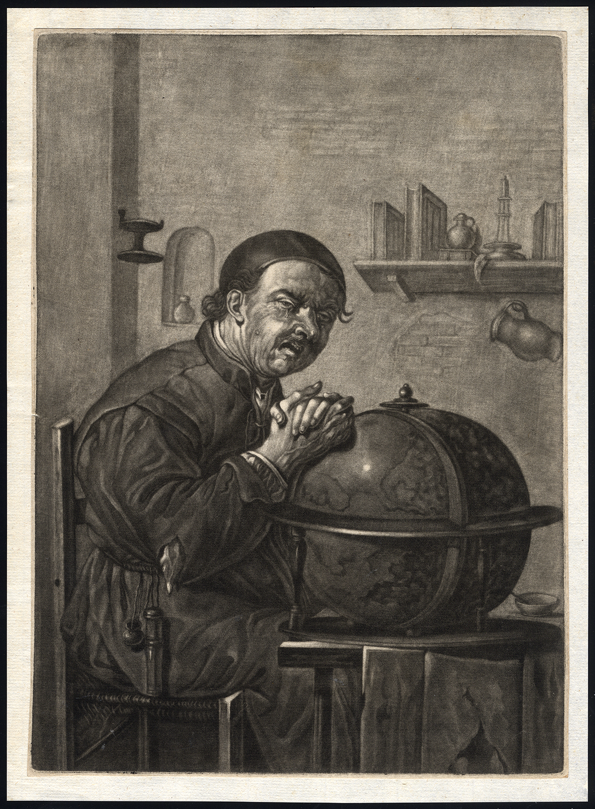 , Antique Master Print-GLOBE-SKULLCAP-HERACLITUS-Van der Bruggen-ca. 1690, Pictura Antique Prints