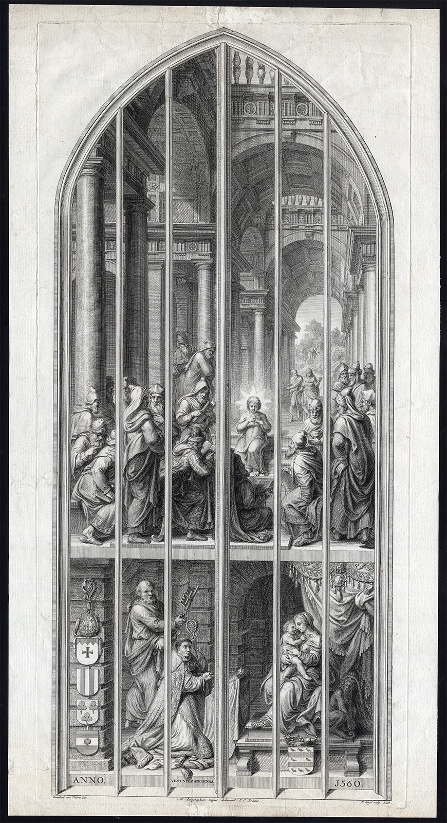 , Antique Master Print-STAINED GLASS-CHRIST-AGE 12-TEACHING-van Noort-Tanje-1743, Pictura Antique Prints
