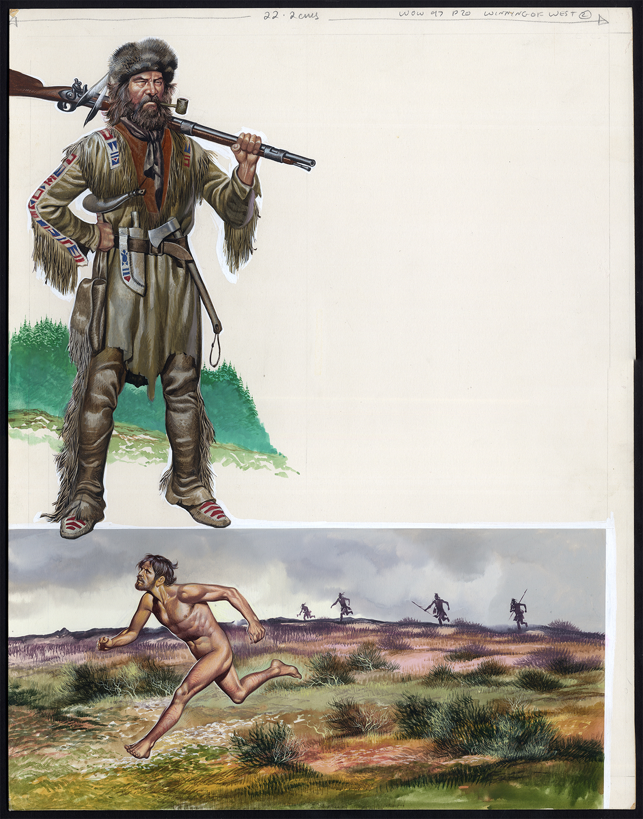 , Antique Drawing-HUNTER-MOUNTAIN MAN-INDIANS-CHASE-Embleton-1972, Pictura Antique Prints