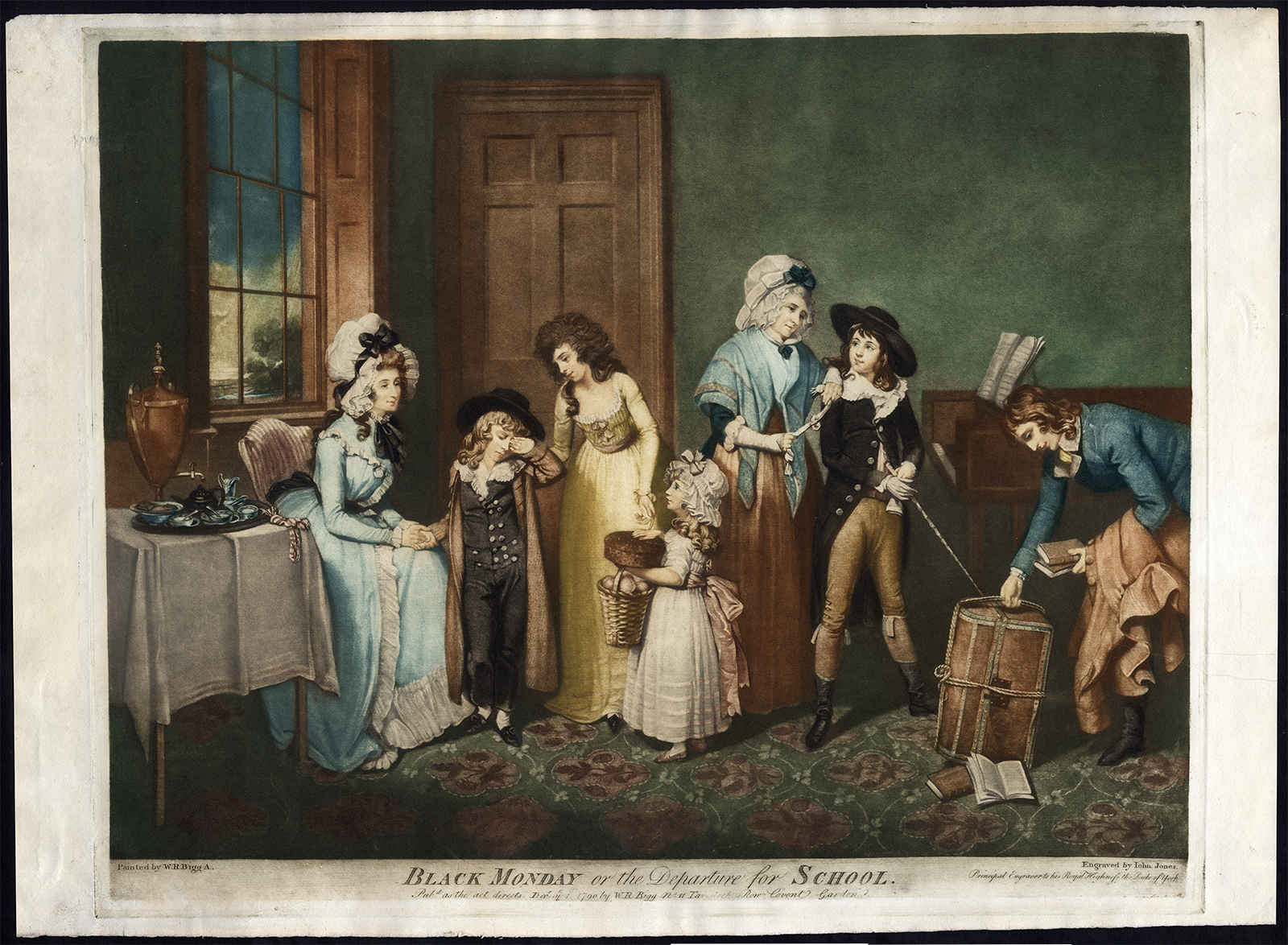 , Antique Master Print-MONDAY-DEPARTURE-SCHOOL-CHILD-MOTHER-Jones-Bigg-c. 1850, Pictura Antique Prints