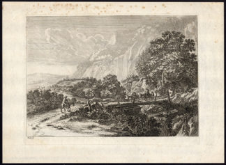 Antique Master Print-ITALIAN LANDSCAPE-TRAVELLERS-WOODEN BRIDGE-Both-18th.c.