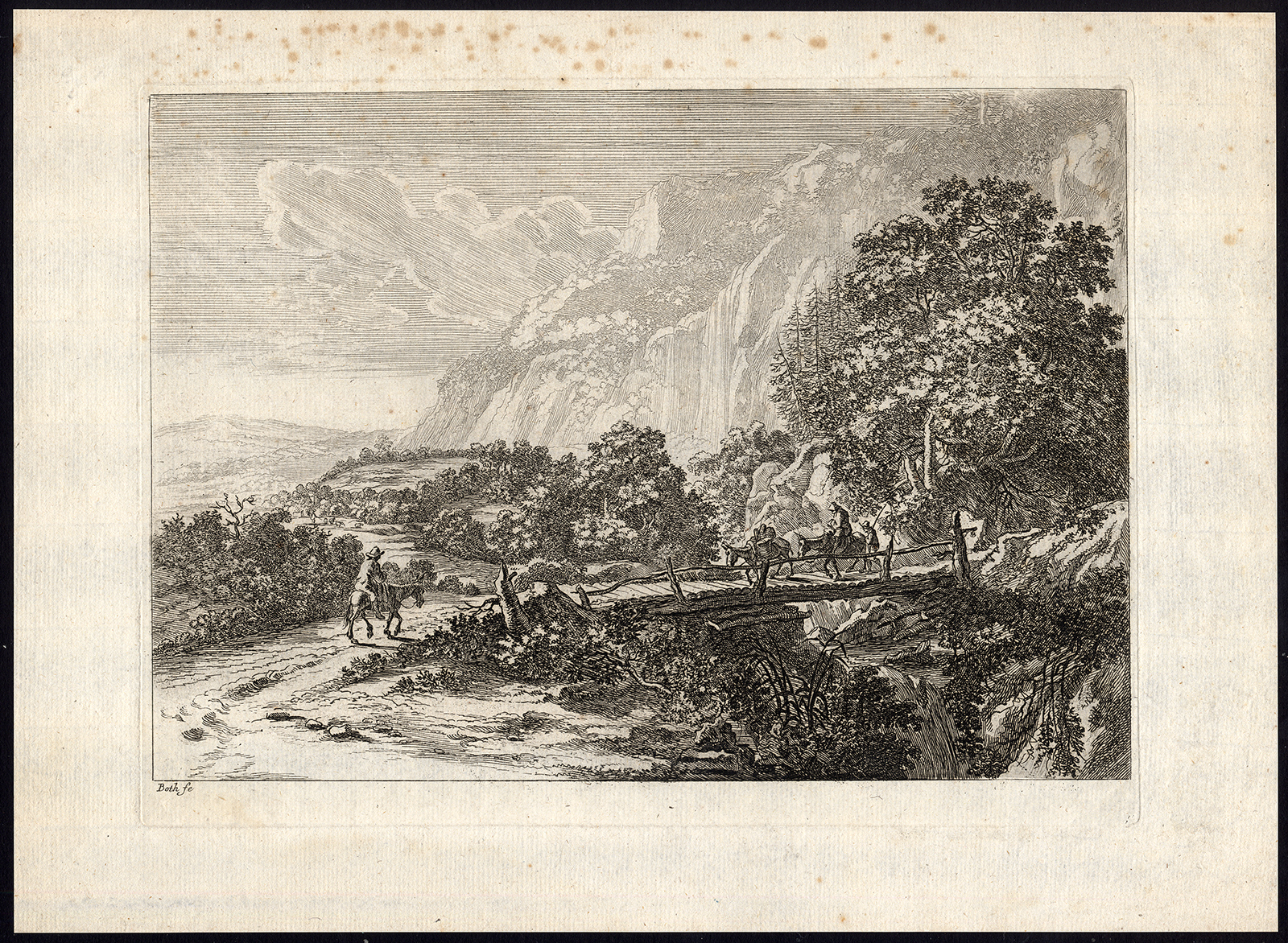 , Antique Master Print-ITALIAN LANDSCAPE-TRAVELLERS-WOODEN BRIDGE-Both-18th.c., Pictura Antique Prints