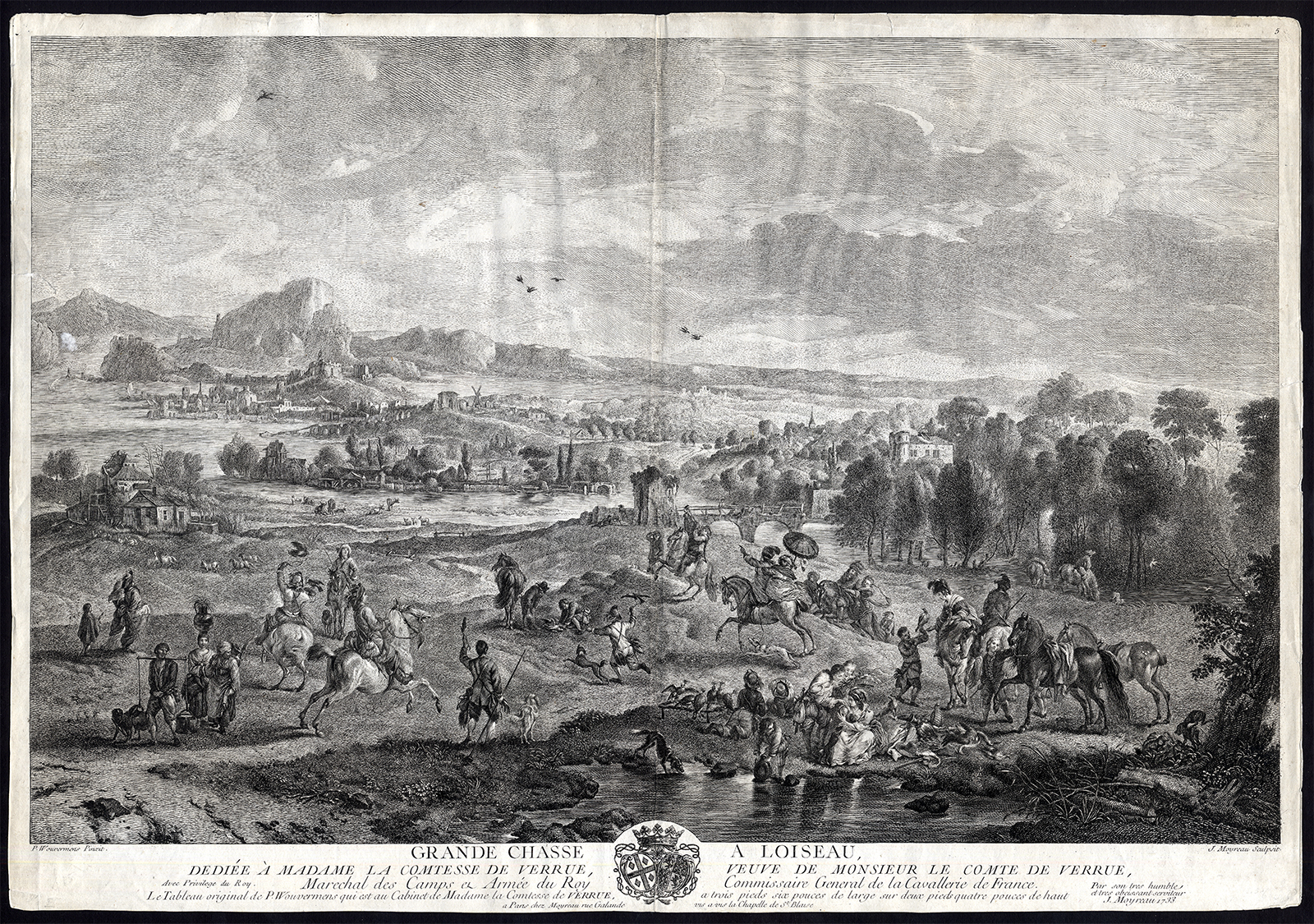 , Antique Master Print-HUNTING-BIRD-FALCONRY-LANDSCAPE-Moyreau-Wouwermans-1733, Pictura Antique Prints