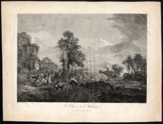 Antique Master Print-ITALIAN HUNT-DEER-HORSEBACK-FALCONRY-Le Bas-Wouwermans-1739