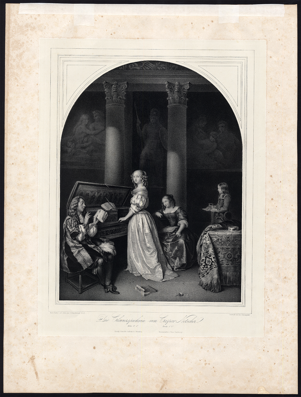 , Antique Master Print-MUSIC-HARPSICHORD-SINGING-Netscher-Hanfstaengl-ca. 1840, Pictura Antique Prints