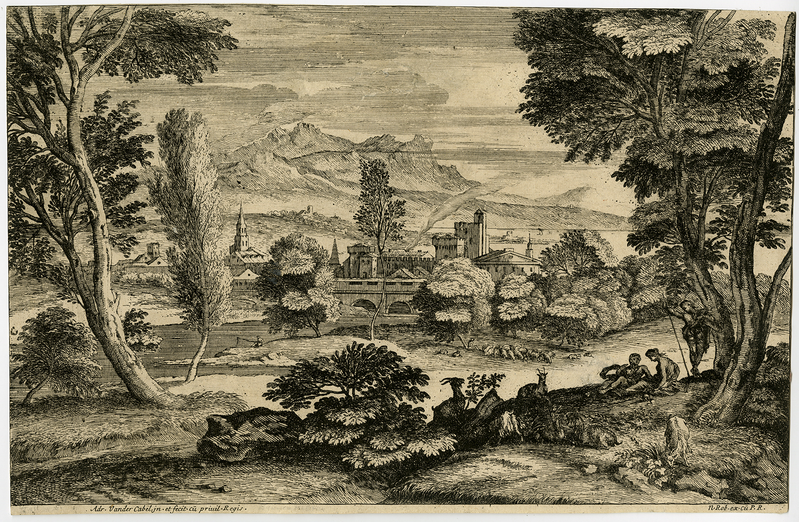 , Antique Print-ITALIAN CITY-GOATHERDS-TREE-Robert-van der Cabel-, Pictura Antique Prints