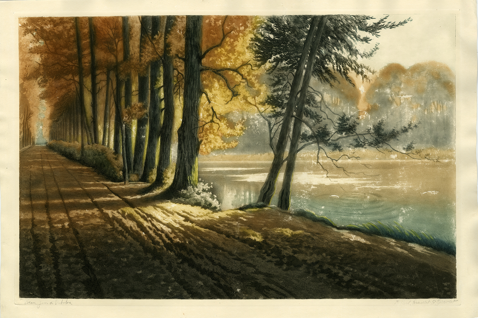 , Antique Print-AUTUMN-LANDSCAPE-TREE-LAKE-Girardet-ca. 1910, Pictura Antique Prints