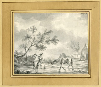 Antique Drawing-RIDER-LEADING HORSE-RIVER-Molijn atr.-ca. 1750