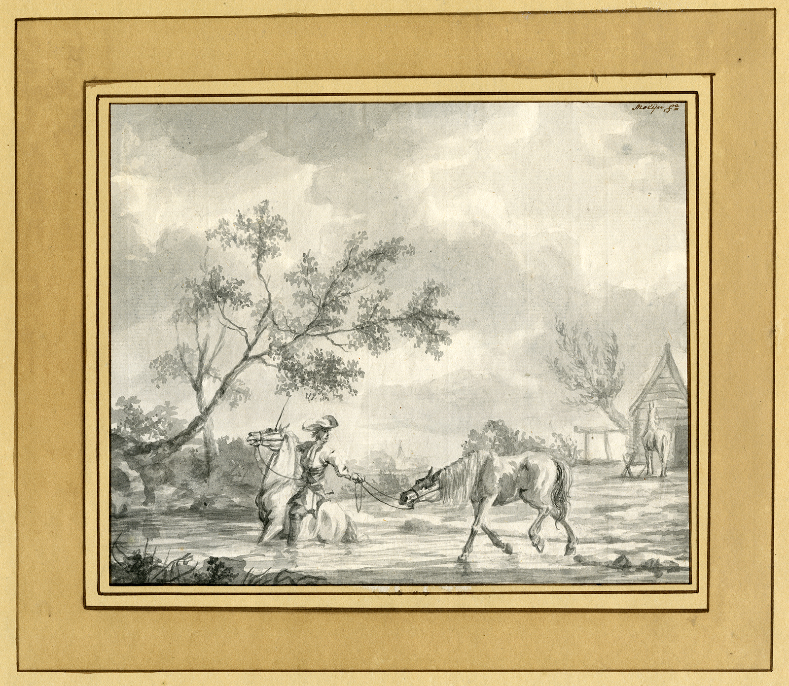 , Antique Drawing-RIDER-LEADING HORSE-RIVER-Molijn atr.-ca. 1750, Pictura Antique Prints