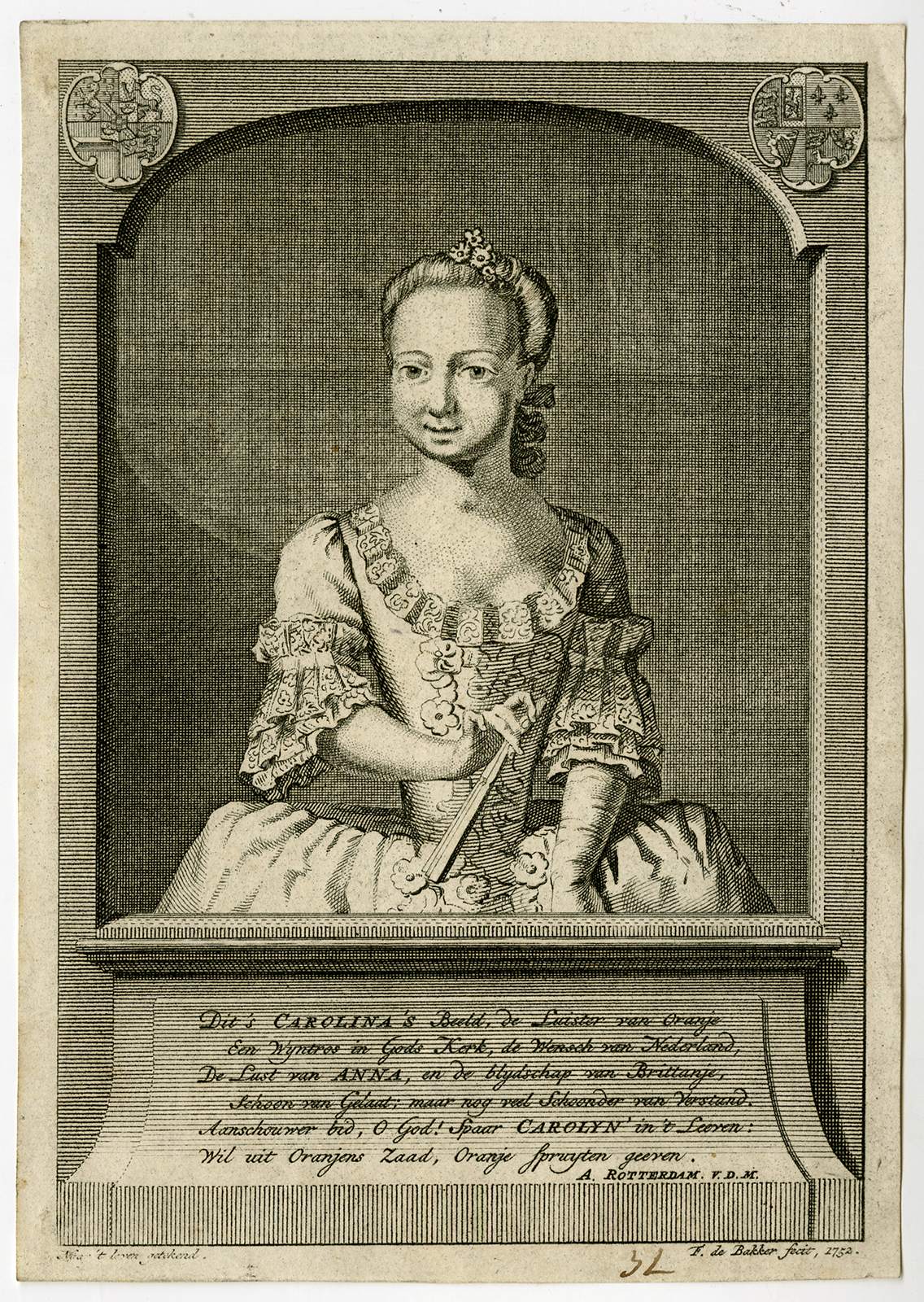 , Antique Print-CAROLINA OF ORANGE-Bakker-1752, Pictura Antique Prints