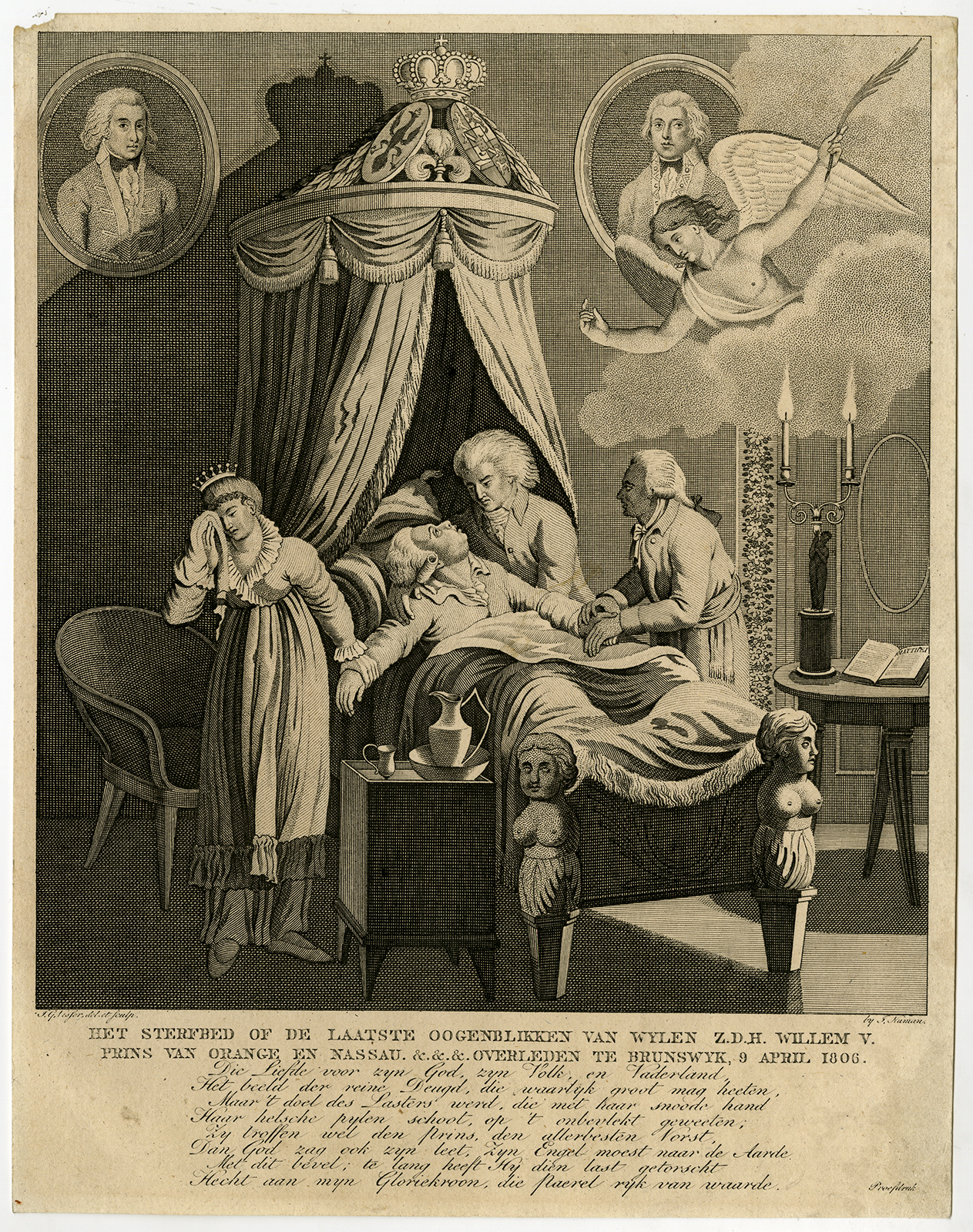 , Rare Proof Antique Print-WILLIAM V OF ORANGE-DEATHBED-BRUNSWICK-Visser-1806, Pictura Antique Prints