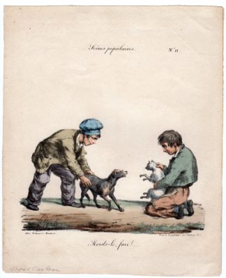 Antique Print-CAT-DOG FIGHT-BOYS-SATIRE-Pigal-Langlume-c.1825
