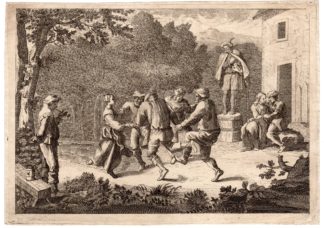 Antique Master Print-HURDY GURDY PLAYER-DANCING-Anonymous-c.1700