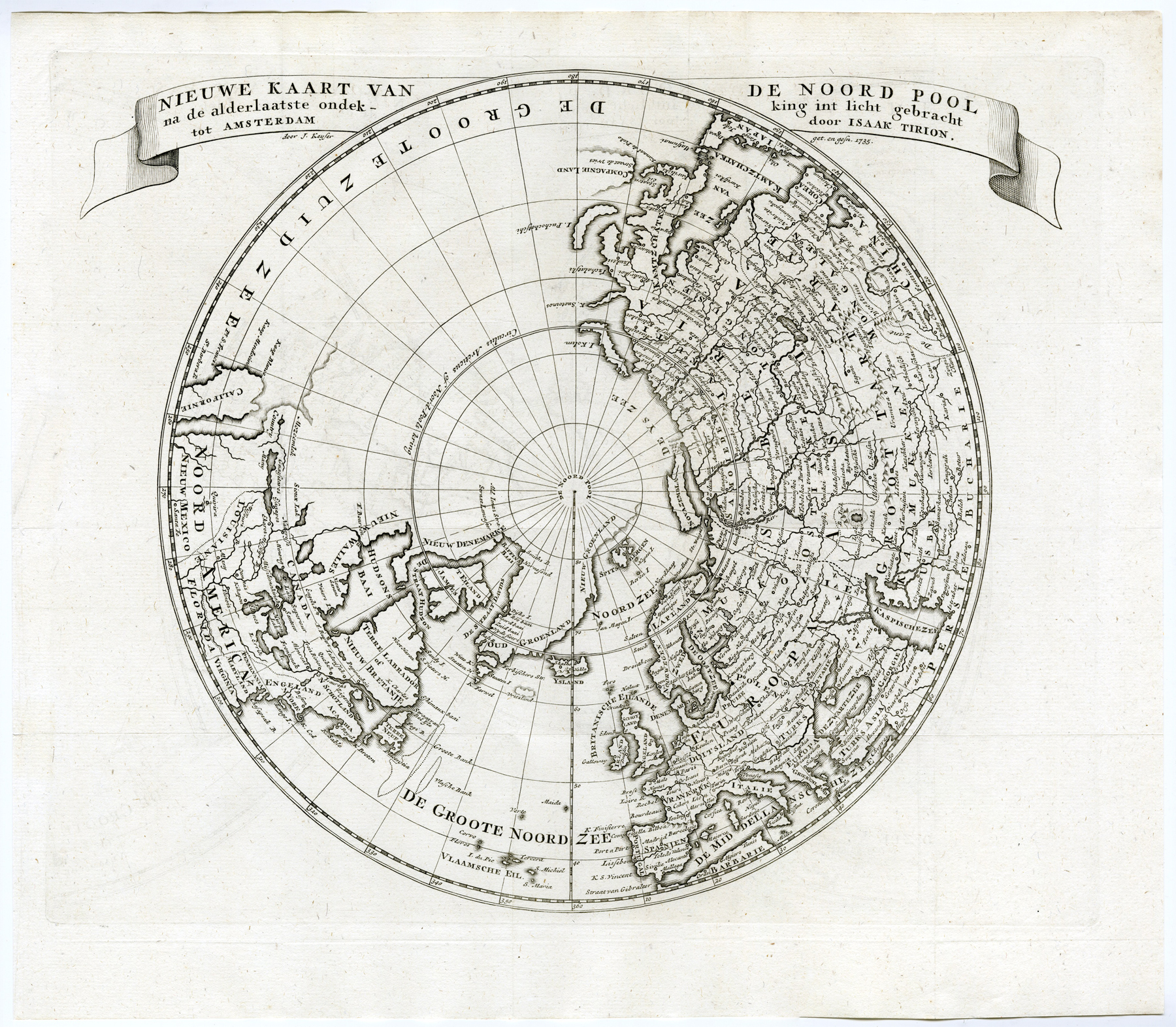 , Antique Print-NORTH POLE CENTRIC MAP-CANADA-RUSSIA-Keyser-1735, Pictura Antique Prints