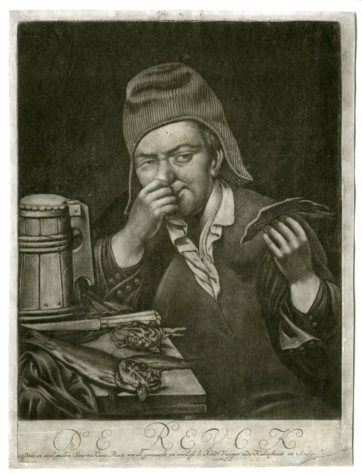 , Rare Antique Master Print-SMELL-SENSES-GENRE-FISH-Visjager-Anonymous-c.1683, Pictura Antique Prints