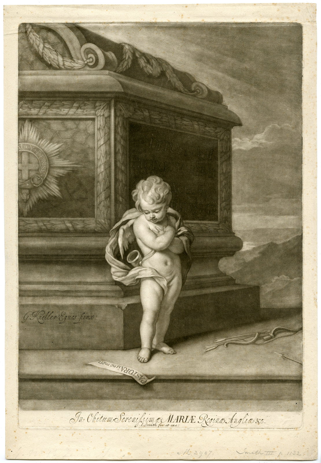 , Antique Master Print-BURIAL MONUMENT-QUEEN MARY-CUPID-Kneller-Smith-c.1695, Pictura Antique Prints