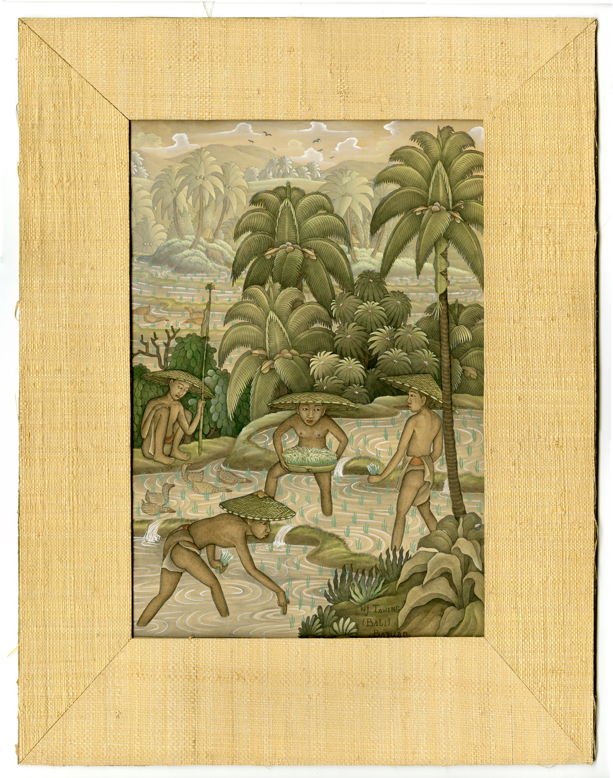 , Rare Antique Drawing-BATUAN PAINTING-PLANTING RICE-PALMS-BALI-Wayan Taweng-c.1950, Pictura Antique Prints