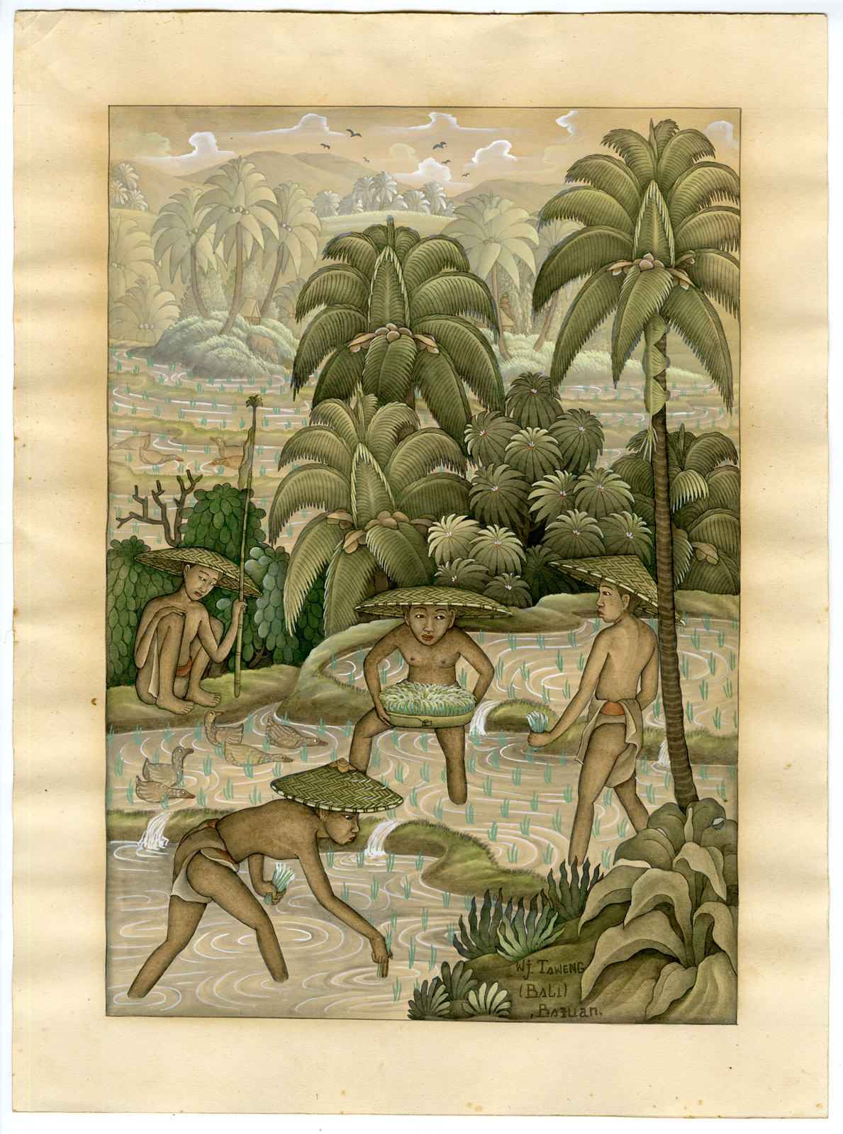 , Rare Antique Drawing-BATUAN PAINTING-PLANTING RICE-PALMS-BALI-Wayan Taweng-c.1950, Pictura Antique Prints