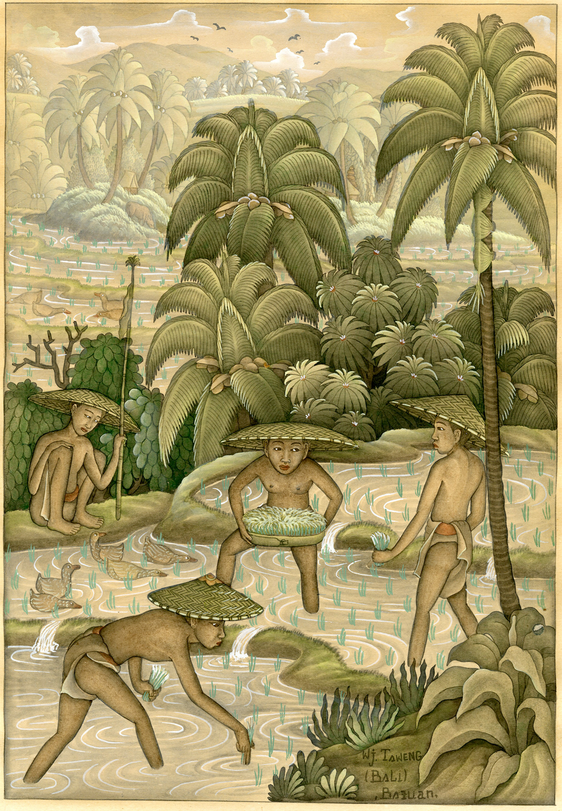, Rare Antique Drawing-BATUAN PAINTING-PLANTING RICE-PALMS-BALI-Wayan Taweng-c.1950, Pictura Antique Prints