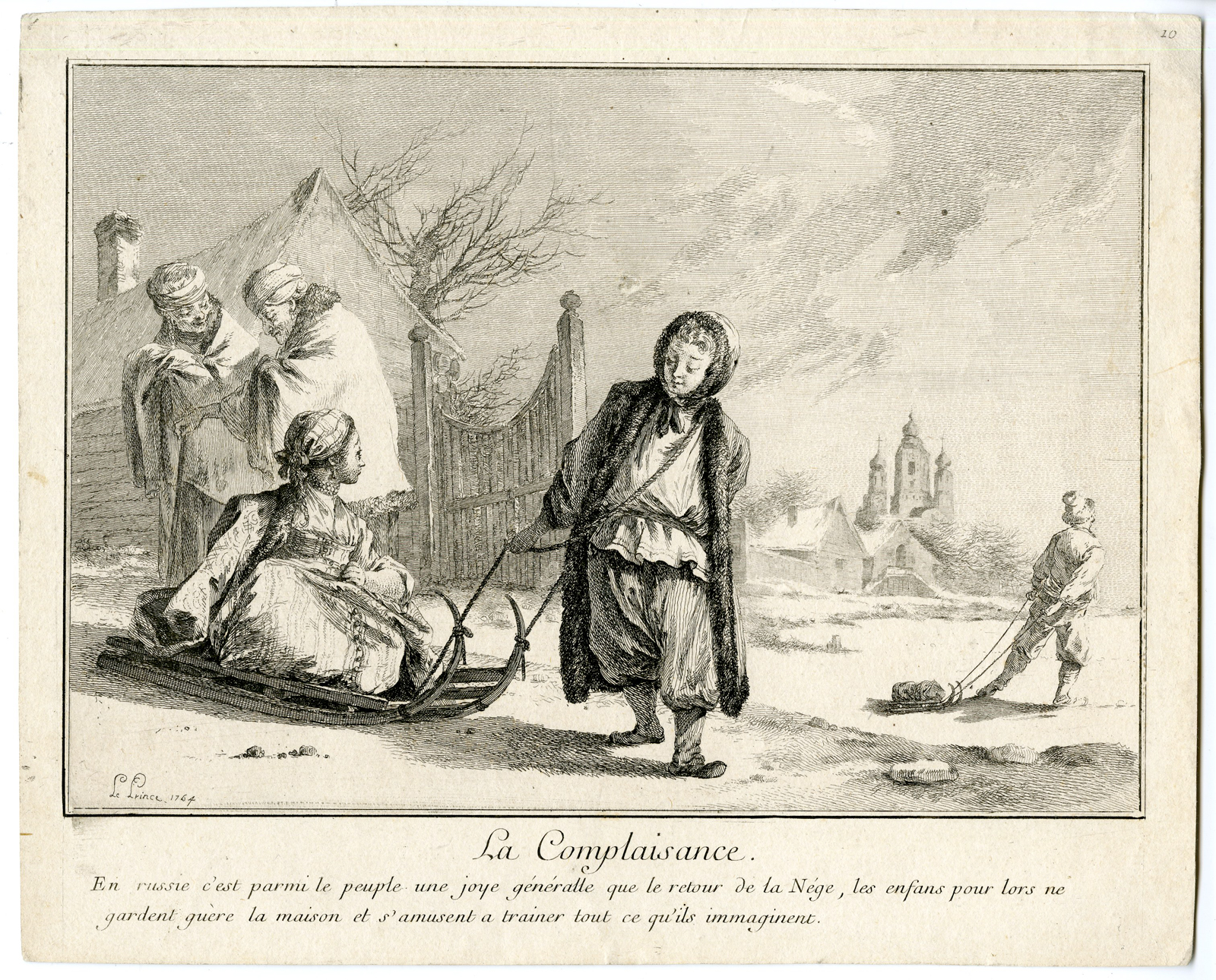 , Antique Print-RUSSIANS ENJOYING SNOW-SLEIGH RIDE-le Prince-1765, Pictura Antique Prints