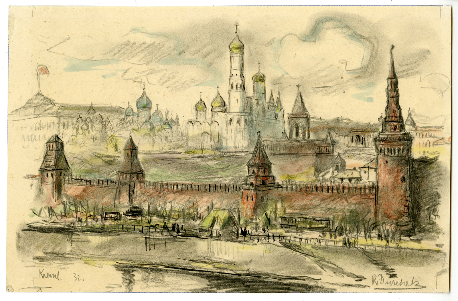 , Antique Drawing-KREMLIN-MOSCOW-Duschek-1932, Pictura Antique Prints