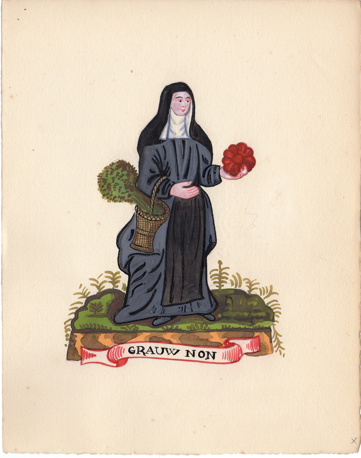 , Antique Drawing-RELIGIOUS ORDER-GREY NUN-Anonymous-1920, Pictura Antique Prints