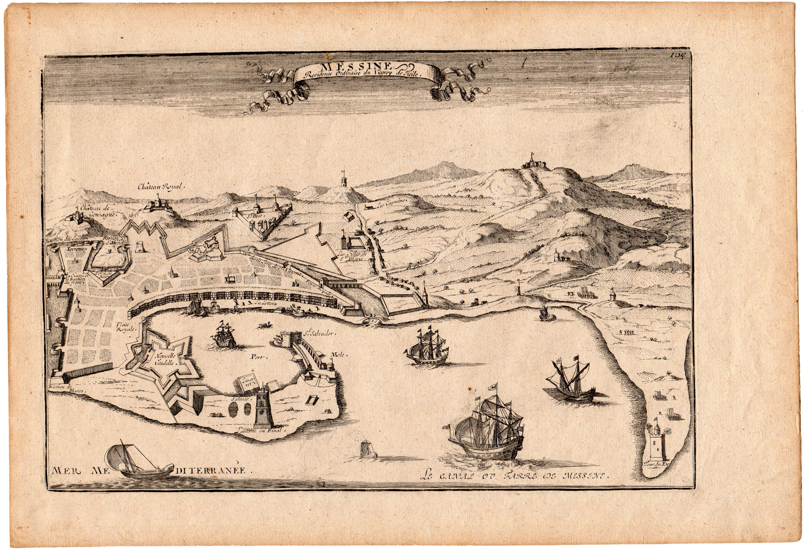, Antique Print-MESSINA-MESSINE-SICILY-de Fer-1705, Pictura Antique Prints