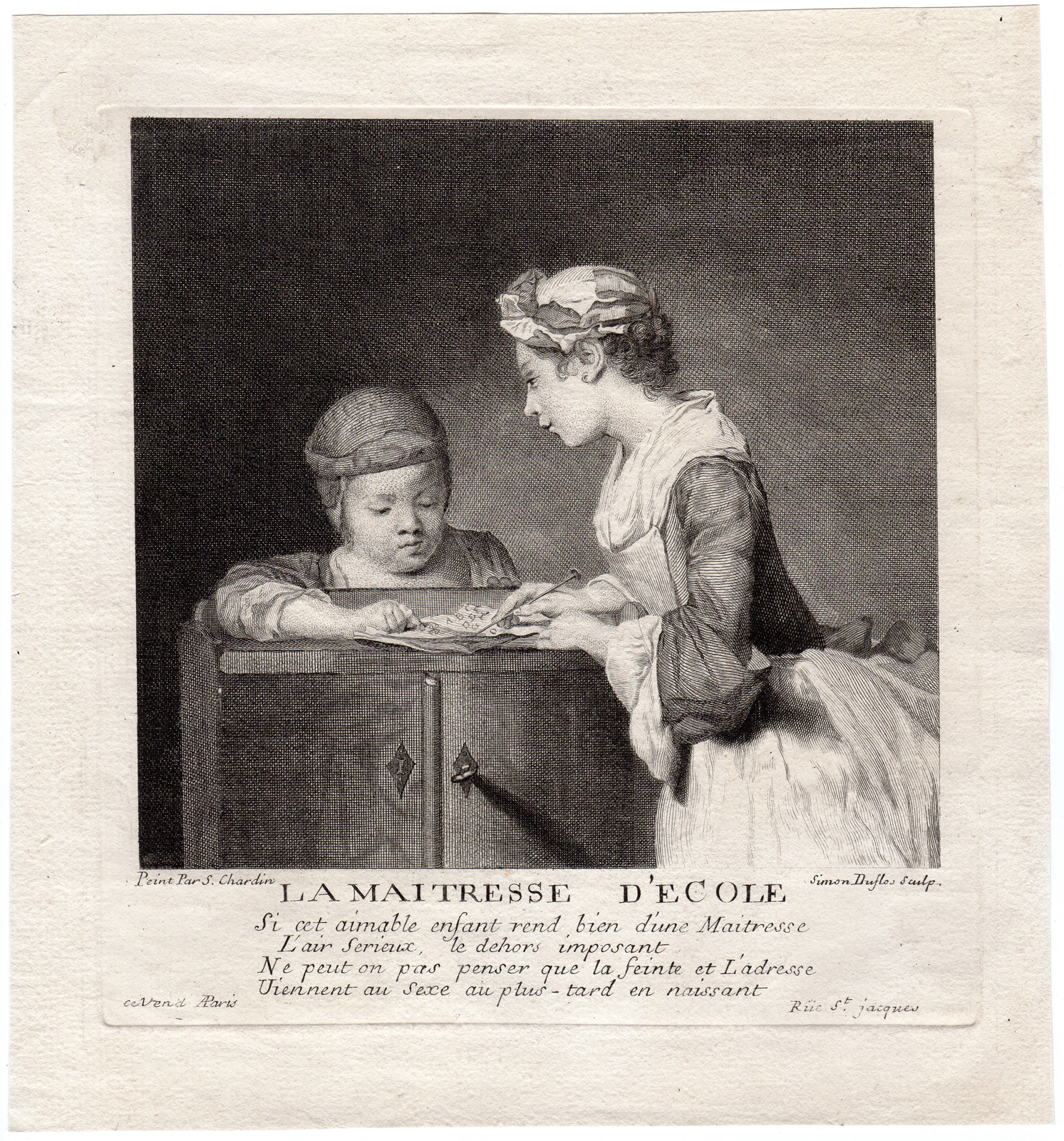 , Antique Print-GENRE-EDUCATION-ALPHABET-TEACHER-Chardin-ca. 1770, Pictura Antique Prints