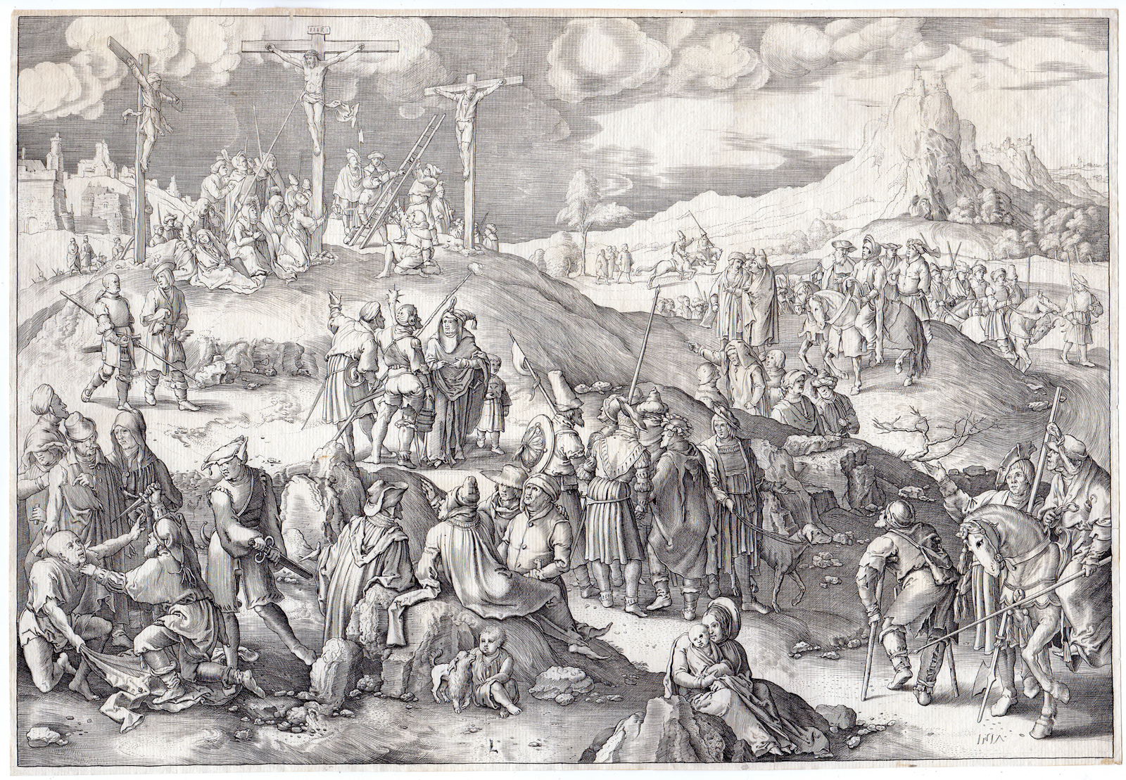 , Rare Antique Master Print-CALVARY-GOLGOTHA-van Leyden-18th.c, Pictura Antique Prints