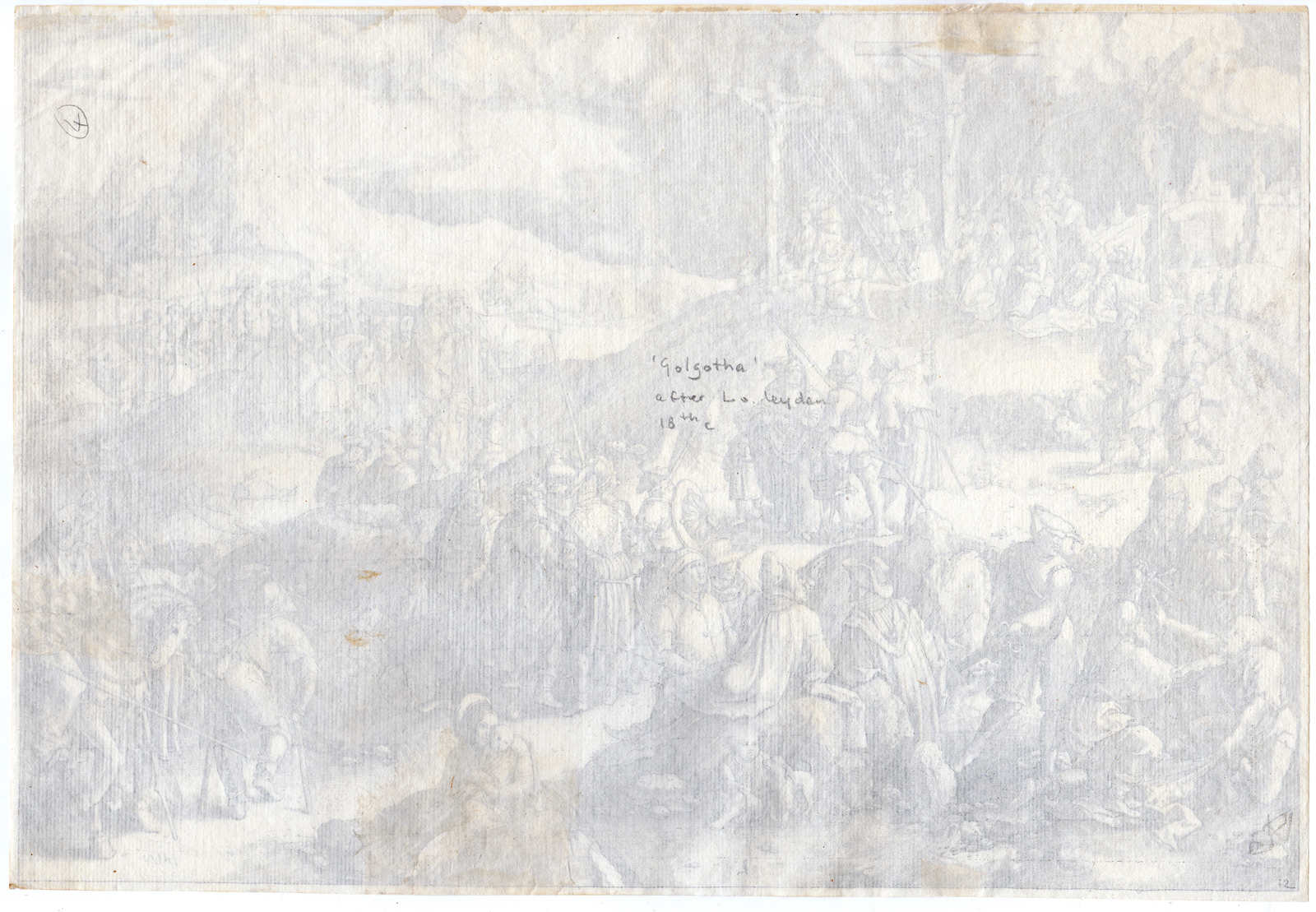 , Rare Antique Master Print-CALVARY-GOLGOTHA-van Leyden-18th.c, Pictura Antique Prints