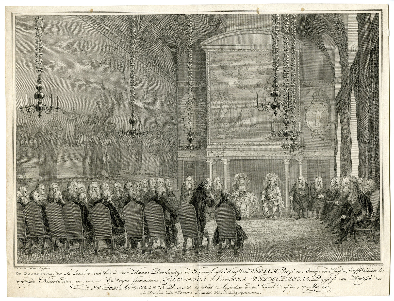 , Antique Master Print-COUNSIL CHAMBER-WILLEM V-WILHELMINA OF PRUSSIA-Vinkeles-c.1770, Pictura Antique Prints