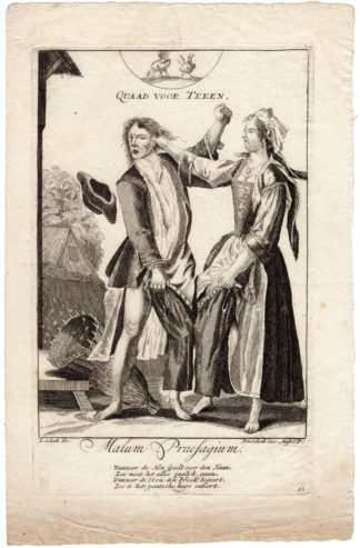 Rare Antique Print-SATIRE-MARRIAGE-WOMAN WEARS PANTS-BOSSY WIFE-Schenk-c. 1700