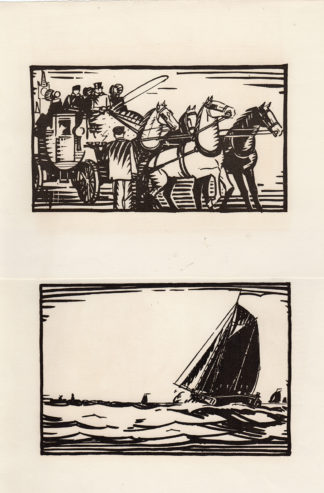 8 Antique Prints-LINOCUTS-HORSE-CARRIAGE-SAILING SHIP-Anonymous-c. 1925