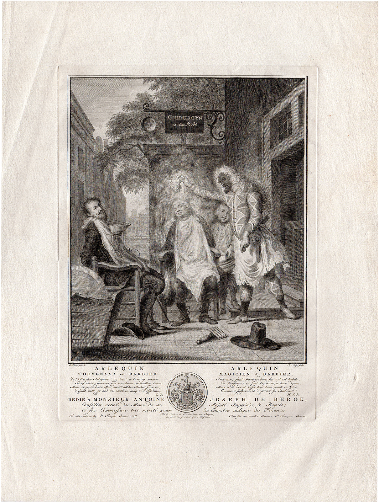 , Antique Print-ARLEQUIN-MAGICIAN-BARBER SURGEON-RIVALRY-Troost-Tanje-c.1760, Pictura Antique Prints