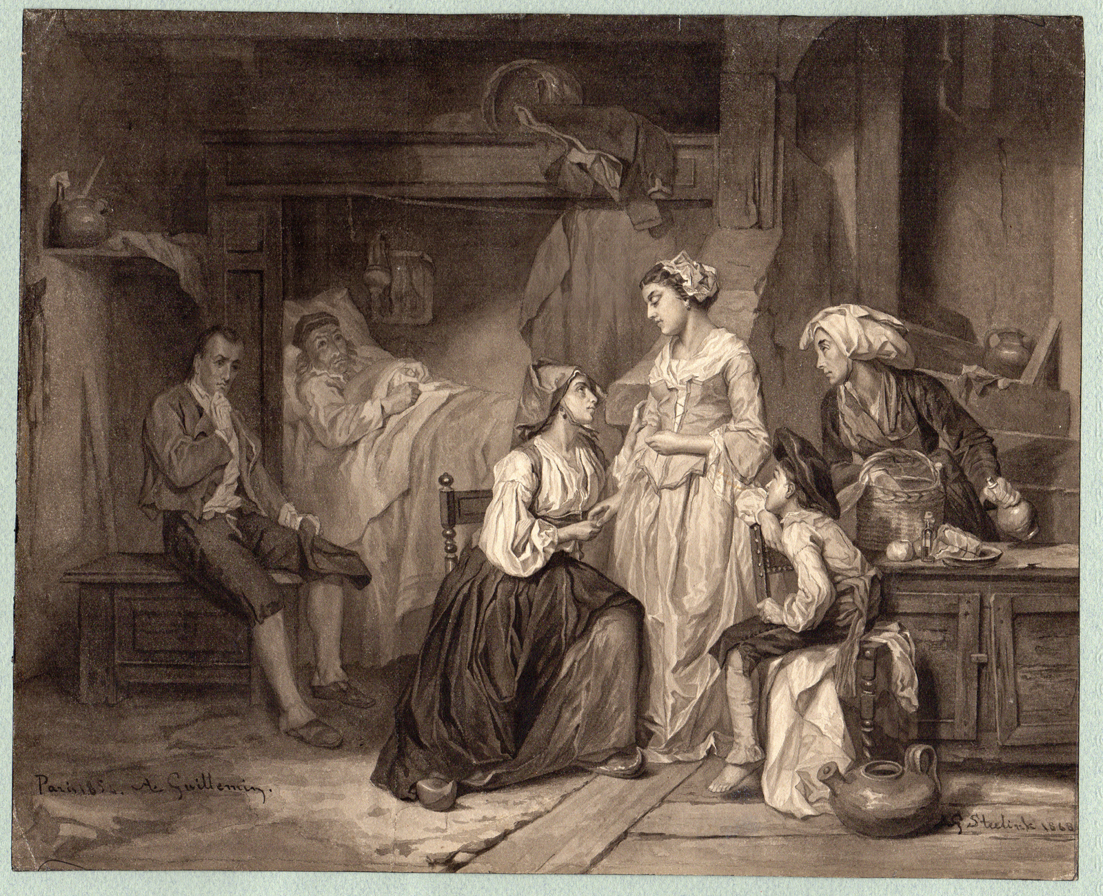 , Antique Drawing-DOMESTIC SCENE-SICK GRANDFATHER-Guillemin-Steelink-1868, Pictura Antique Prints