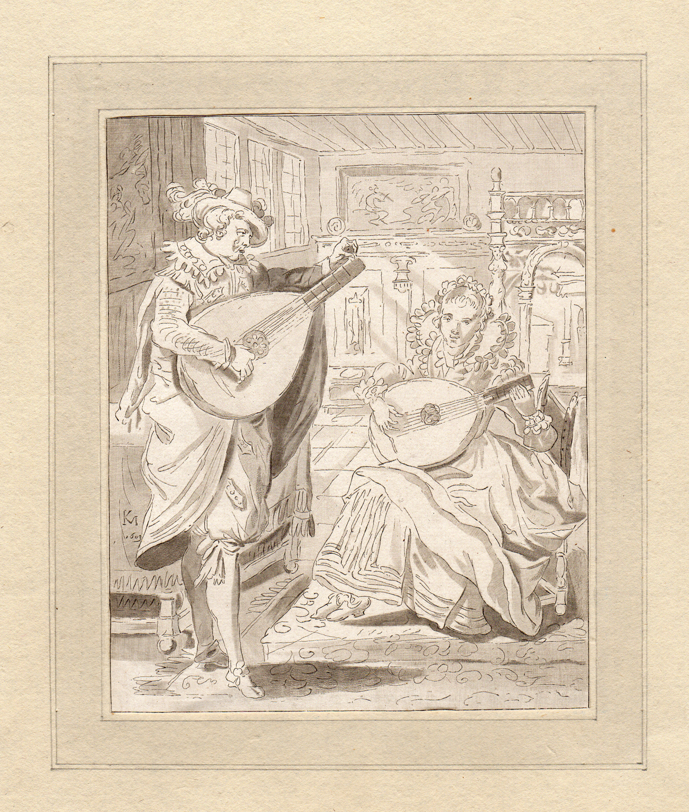 , Rare Antique Master Print-DUET KAREL VAN MANDER-Mander-van Amstel-Schreuder-, Pictura Antique Prints