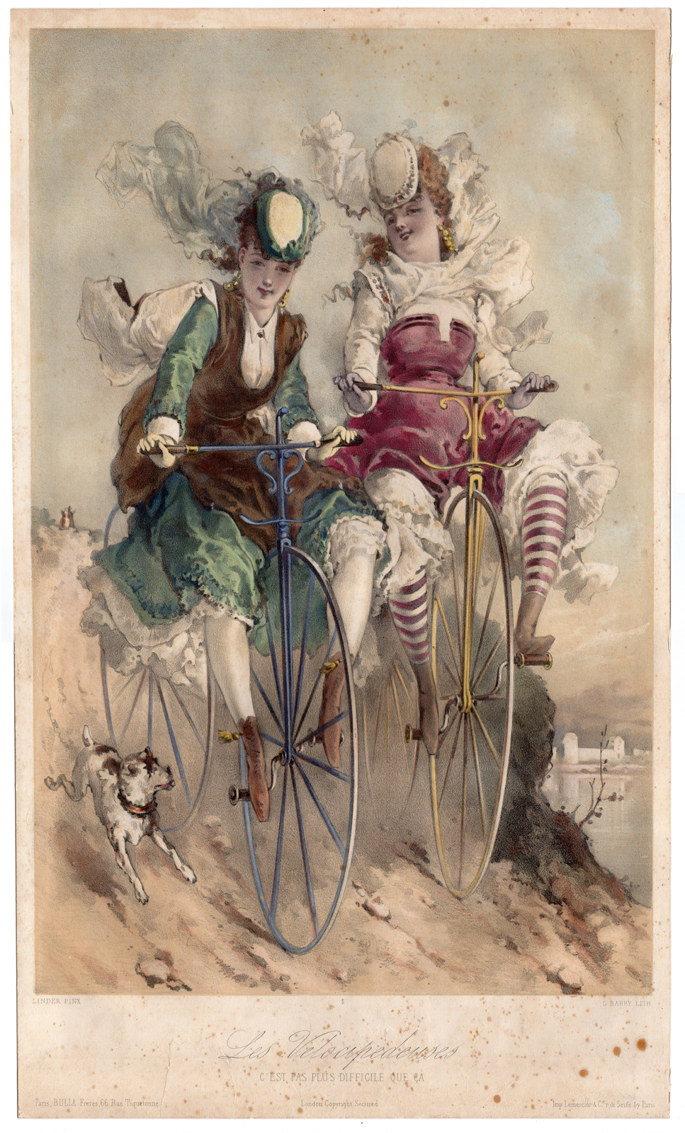 , Rare Antique Print-YOUNG WOMEN RIDING VELOCIPEDES-BIKE-Linder -Barry-c.1870, Pictura Antique Prints