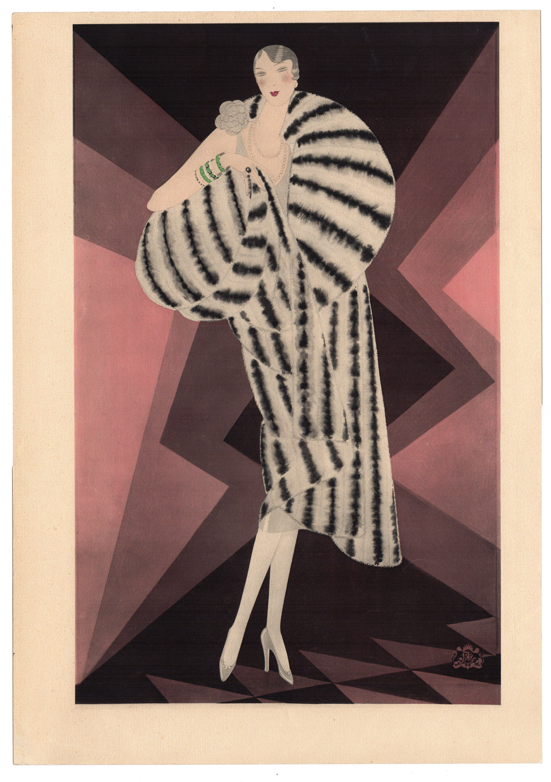 , Rare Antique Pochoir Drawing-FUR COAT-FASHION-ART DECO-Luza-1927, Pictura Antique Prints