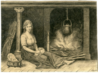 Rare Antique Drawing-FEMALE SERVANT AT FIREPLACE-CD-Dumont-1880