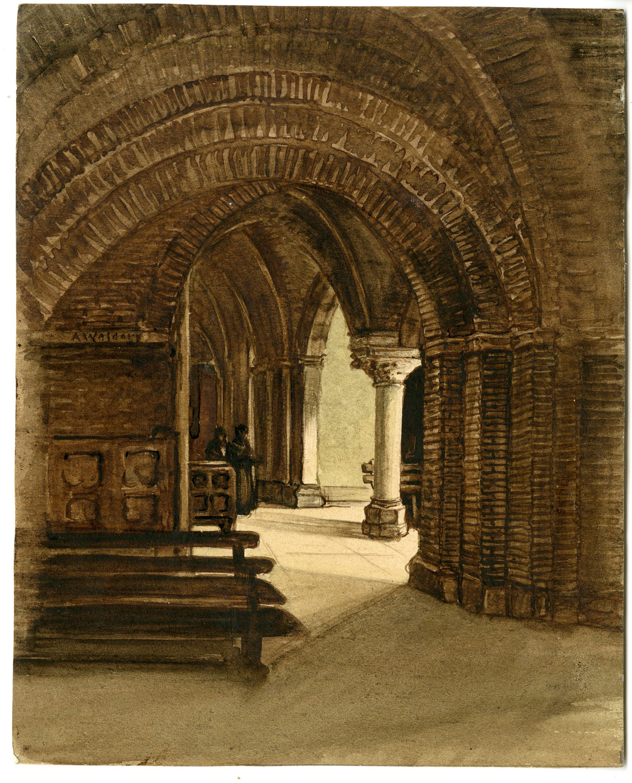 , Rare Antique Drawing-CHURCH-CLOISTER INTERIOR-VAULT-Waldorp-c.1838, Pictura Antique Prints
