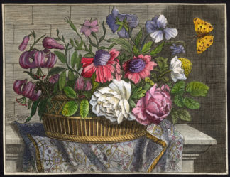 Antique Master Print-BUTTERFLY-FLOWER BASKET-LILY-ROSES-ANEMONE-Bonnart-ca. 1730