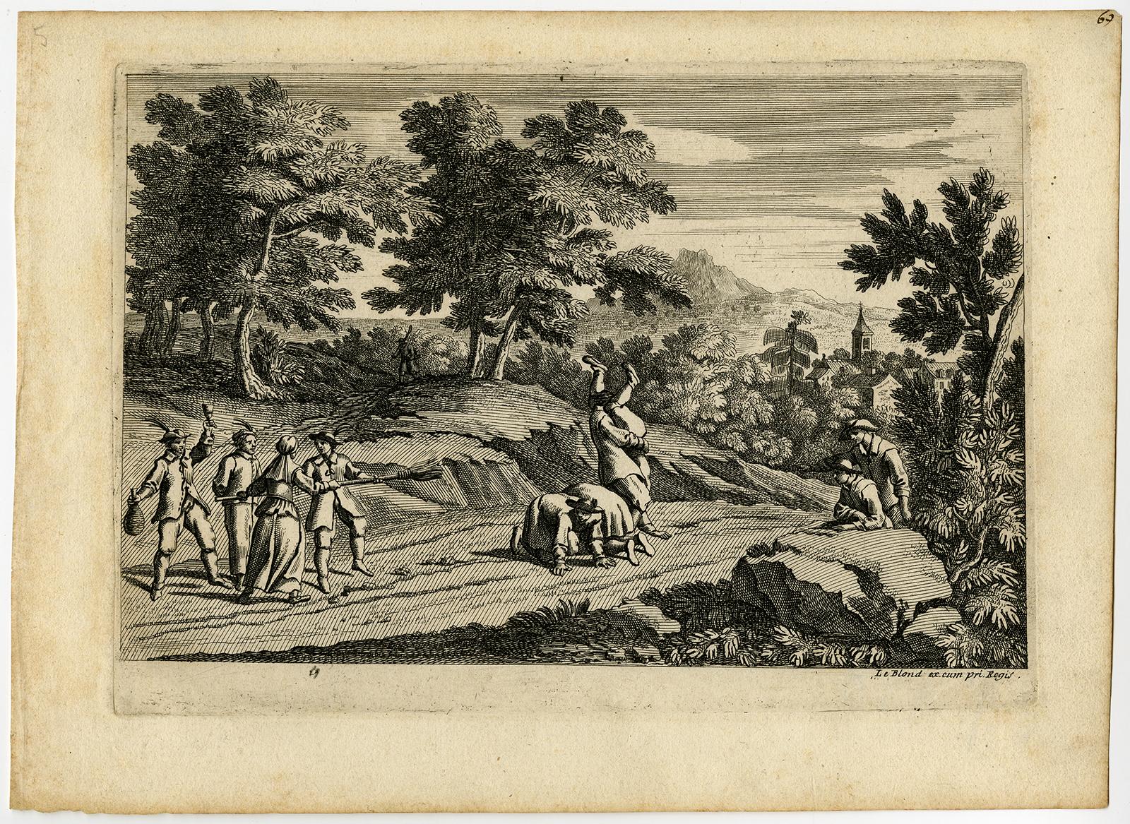 , Rare Proof- Antique Print-LANDSCAPE-PEOPLE DRINK-GAME-Blond-Le Pautre-ca. 1660, Pictura Antique Prints