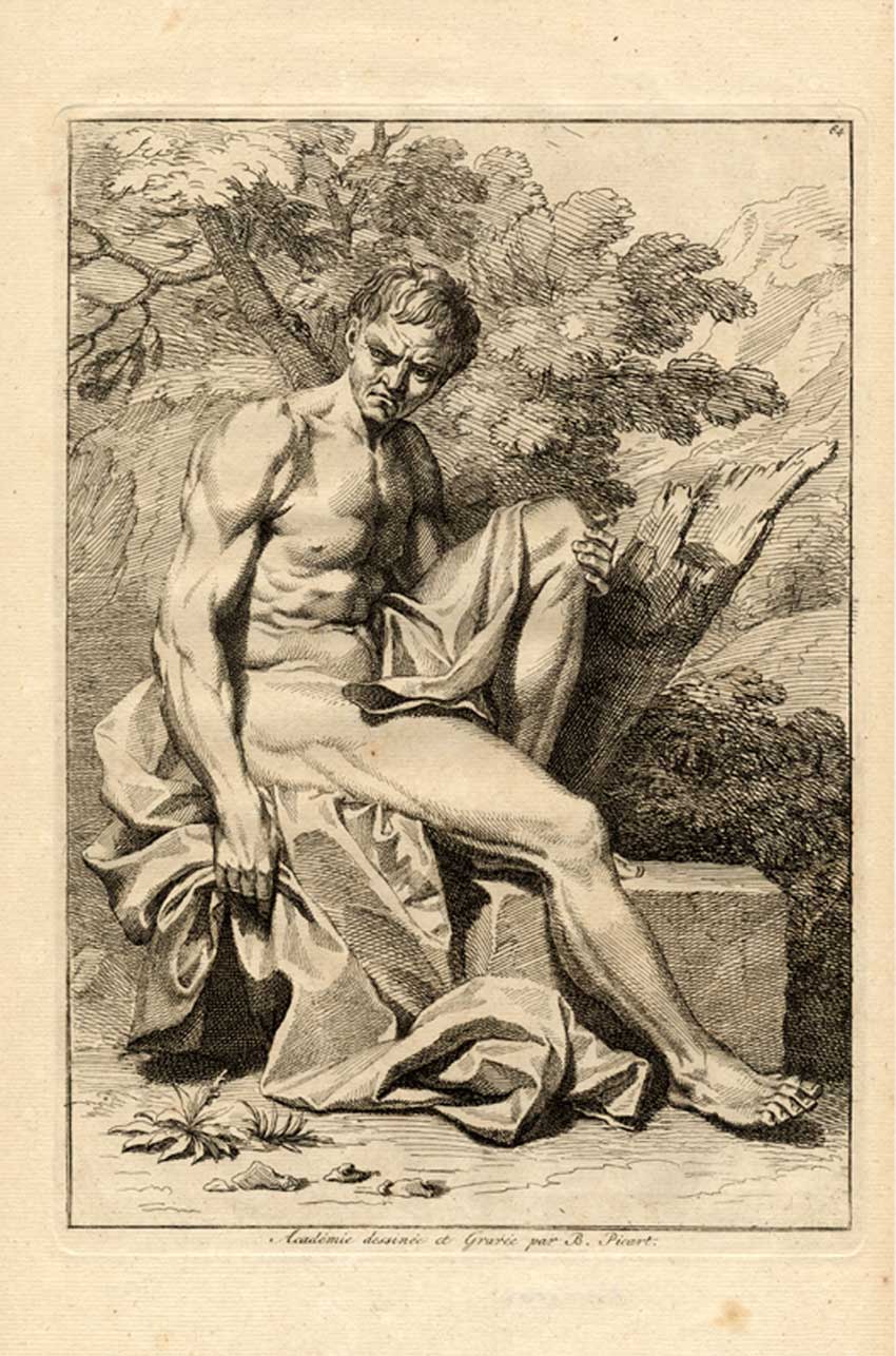 , Antique Print-NAKED MAN STUDY-Pl. 64-Picart-1734, Pictura Antique Prints