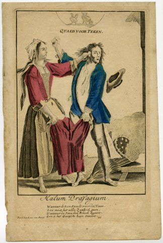 Rare Antique Print-SATIRE-MARRIAGE-WOMAN WEARS PANTS-Schenk-ca. 1700
