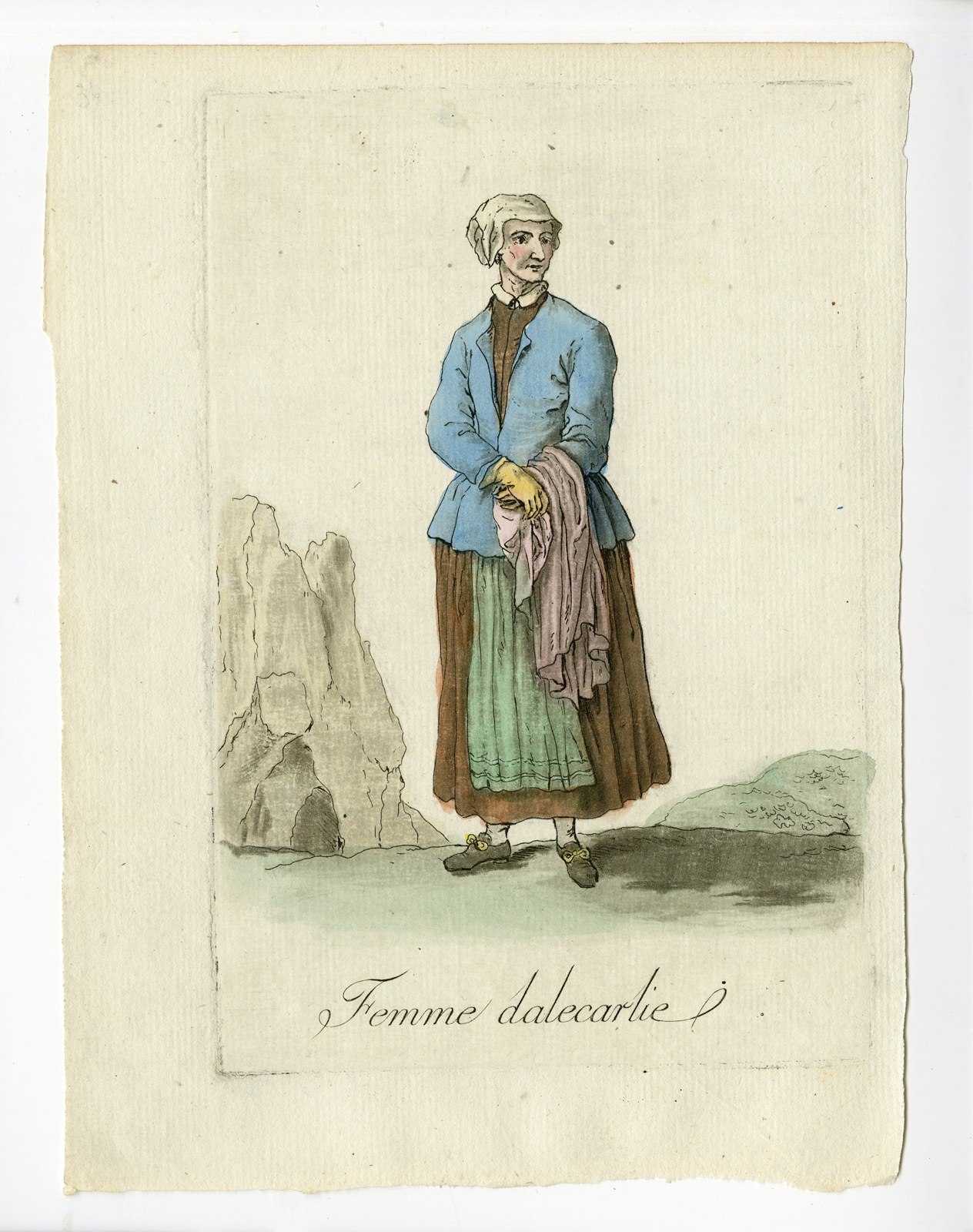 , 2 Antique Prints-WOMAN-FARMER DALARNE-SWEDEN-COSTUME-Grasset-Mixelle-1784, Pictura Antique Prints