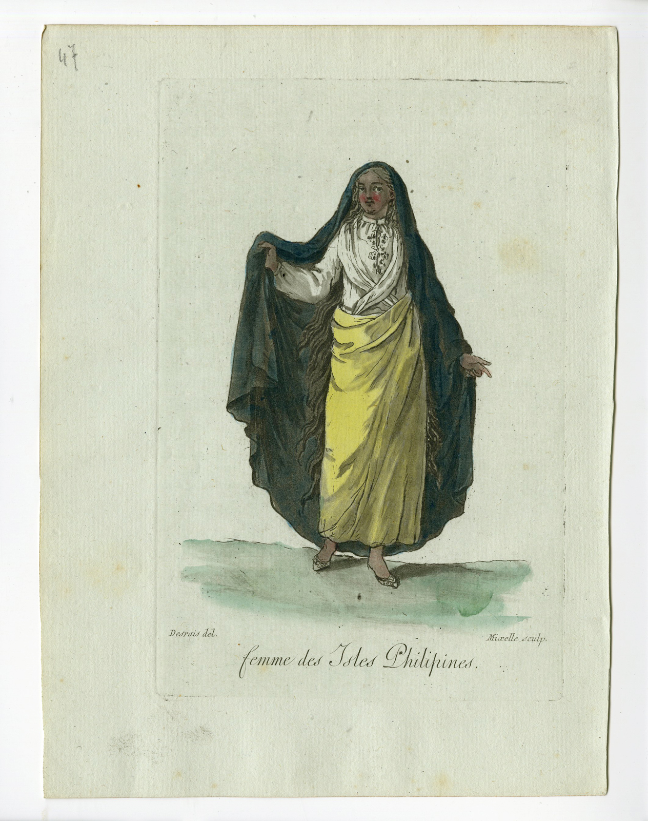 , 2 Antique Prints-WOMAN-RESIDENT-ISLAND PHILIPPINES-COSTUME-Grasset-Mixelle-1784, Pictura Antique Prints