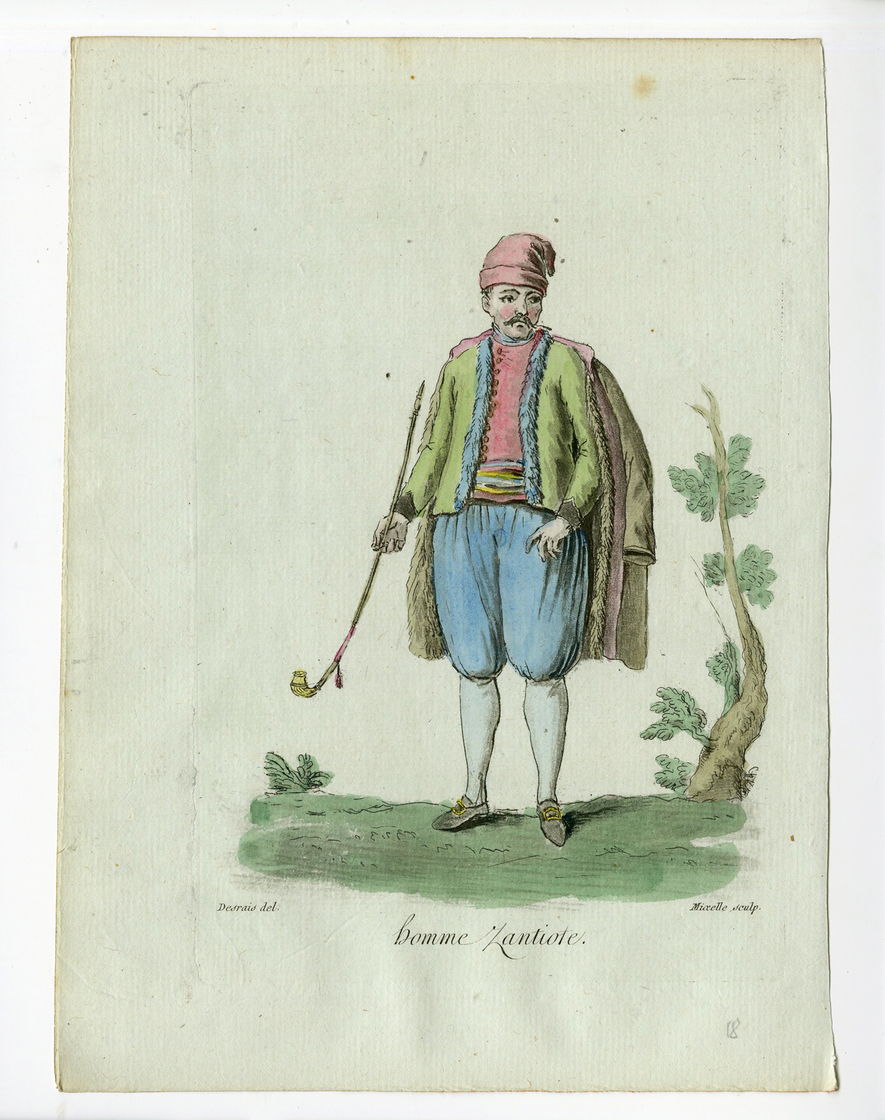 , 2 Antique Prints-WOMAN-MAN-ZANTE-GREECE-COSTUME-Desrais-Grasset-Mixelle-1784, Pictura Antique Prints