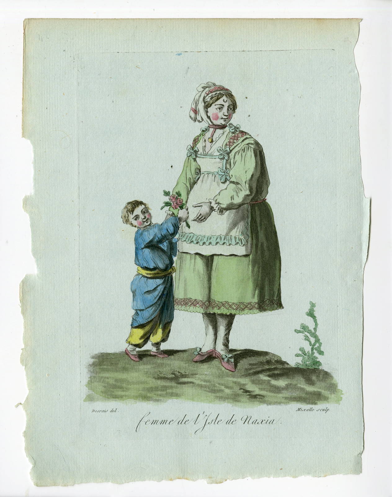 , 2 Antique Prints-WOMAN-MAN-ISLAND NAXIA-GREECE-COSTUME-Grasset-Mixelle-1784, Pictura Antique Prints