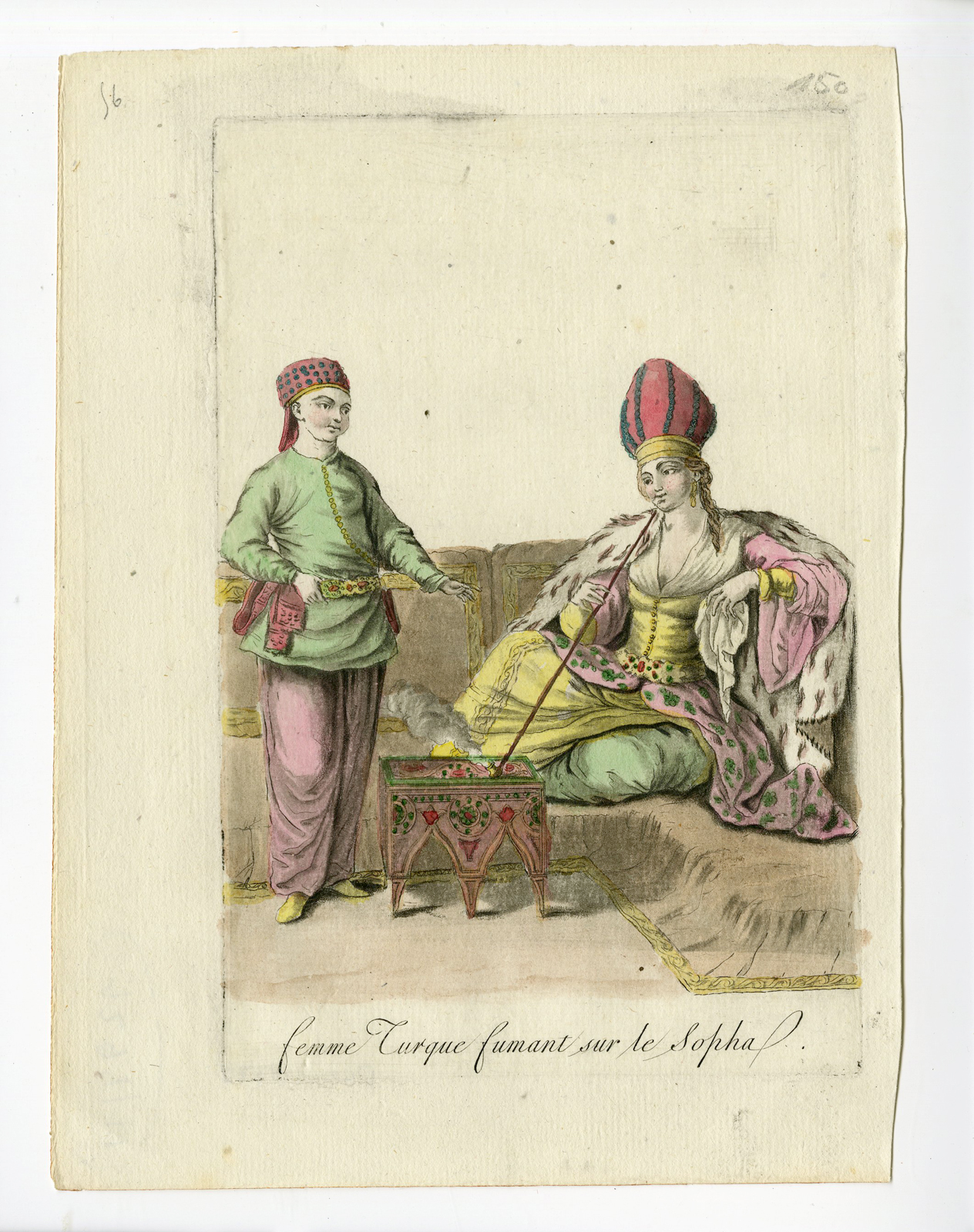 , Antique Print-WOMAN-TURKISH-SMOKING-SOFA-COSTUME-Desrais-Grasset-Mixelle-1784, Pictura Antique Prints